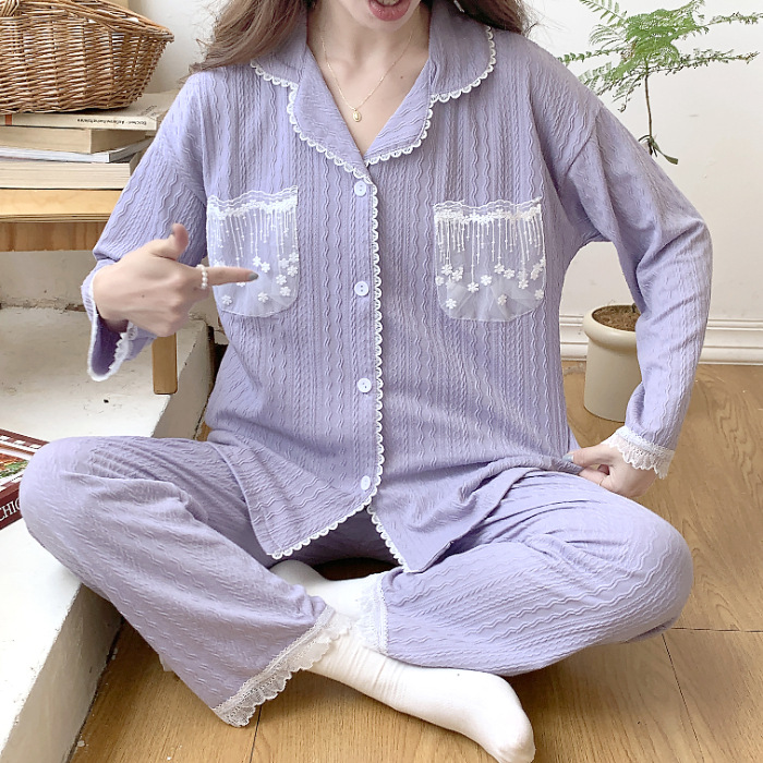 Estilo Chanel Sucio rosa pijamas de las mujeres jacquard algodón solapa cardigan manga larga otoño y el invierno dulce niña casual desgaste del hogar traje