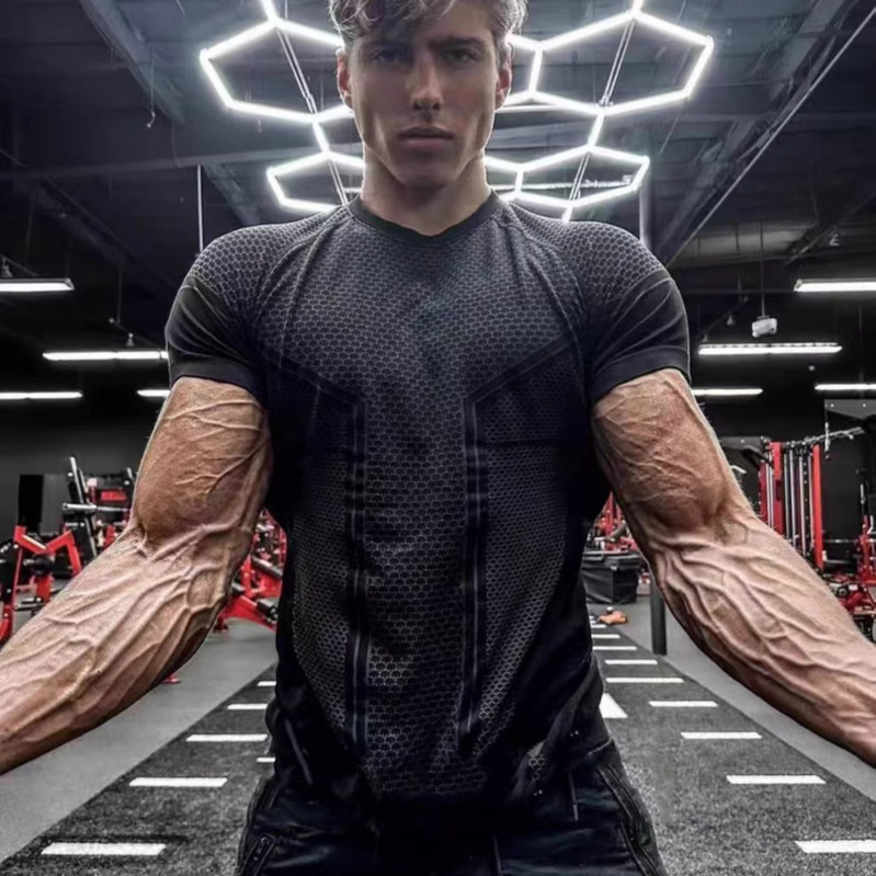 Muscle Sports Fitness Men's T-Shirt Jogger Gym Bodybuilding Quick-Drying Breathable Tight Round Neck Short Sleeve