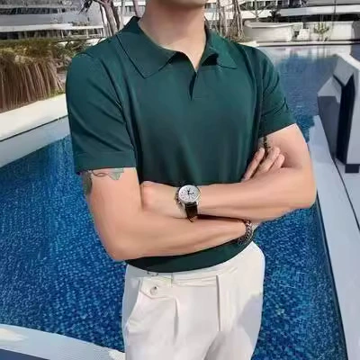 Премиум прилив Ice шелк трикотажная рубашка поло с короткими рукавами мужской 2024 летом сплошной цвет лацкана тонкая дышащая футболка с короткими рукавами