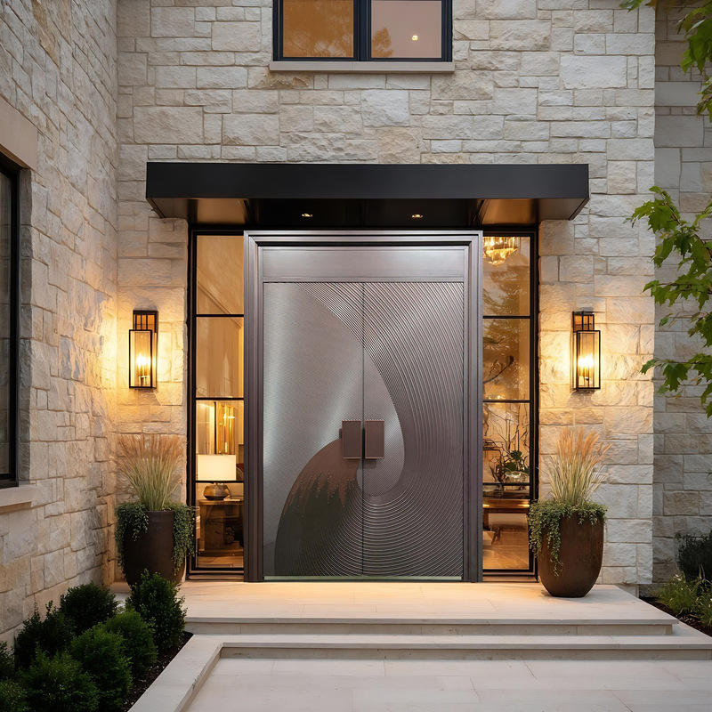 Chinese minimalist style with finely carved sliding door handle and elevated lintel, suitable for rural self-built house entrance doors