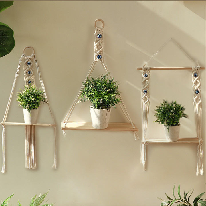 Bohemian Gift Hand-woven Wooden Sticks Plant Pot Shelf Decor for Simple Inn Living Room Home Wall Hanging