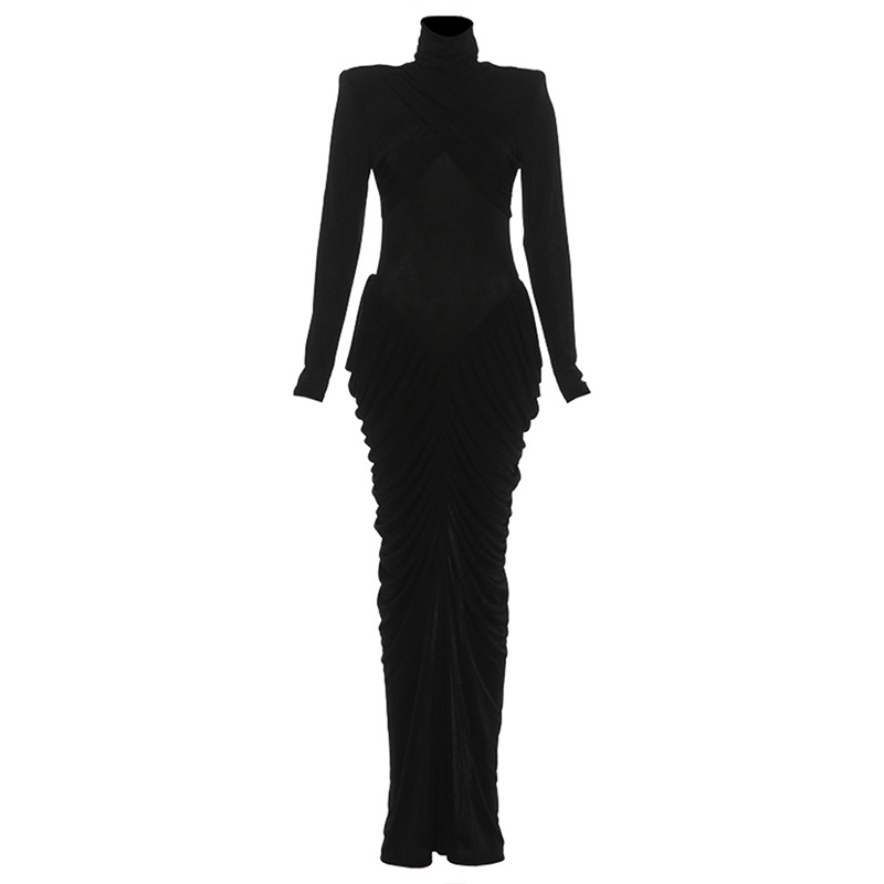 Women's Elegant Slim Fit Long-Sleeve Pleated Solid Color Dress