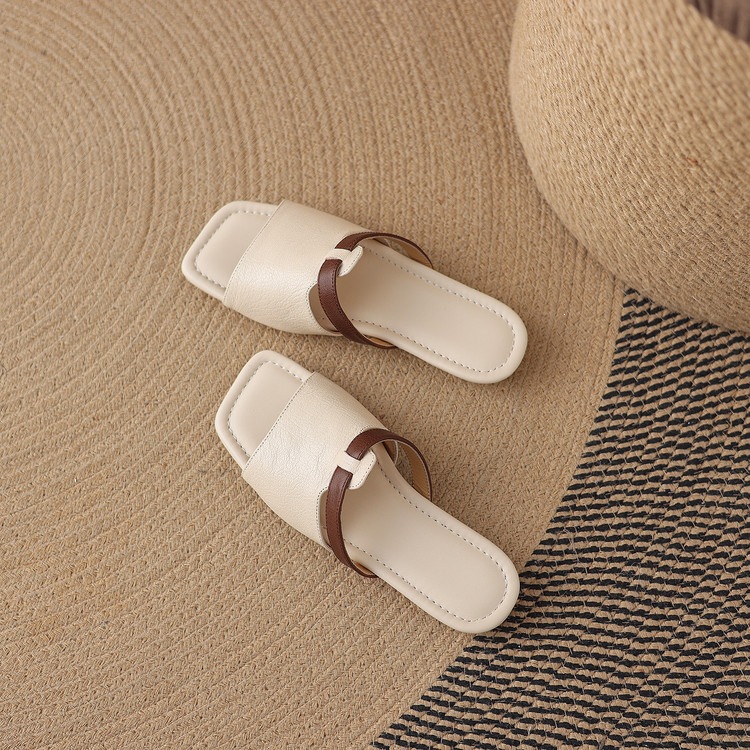Dép sandal nữ xỏ ngón đế bệt phối màu hở mũi thời trang — màu trắng ngà, màu mơ chi tiết 41