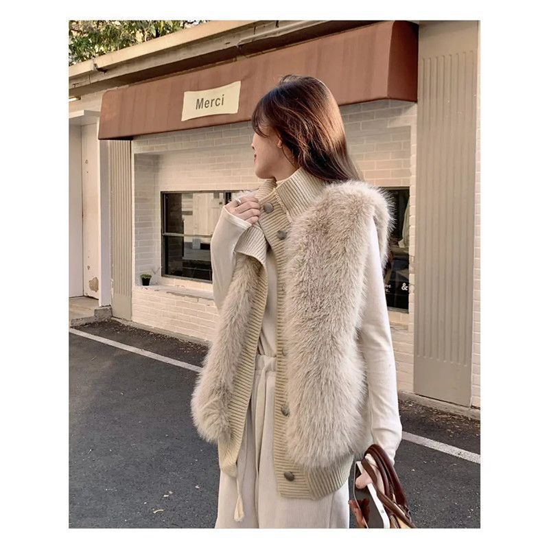 Plush Outer Wear Stand-Up Collar Women's Korean Style Spliced ​​Knitted Vest Loose Top Vest Autumn and Winter Jacket Elegant