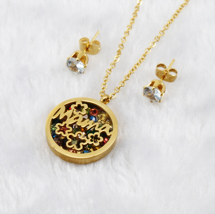 Fashion Letter Flower Titanium Steel Plating Artificial Gemstones Earrings Necklace 1 Set