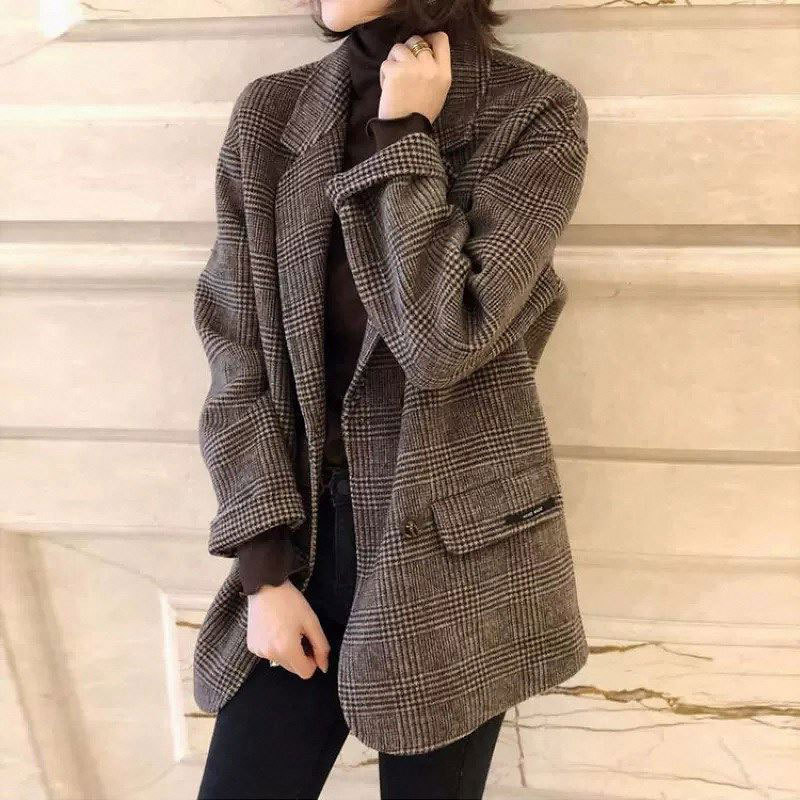 Retro Hepburn Style Plus Cotton Cashmere Outwear for Women Petite Fat mm British Plaid Suit Woolen Casual Outwear