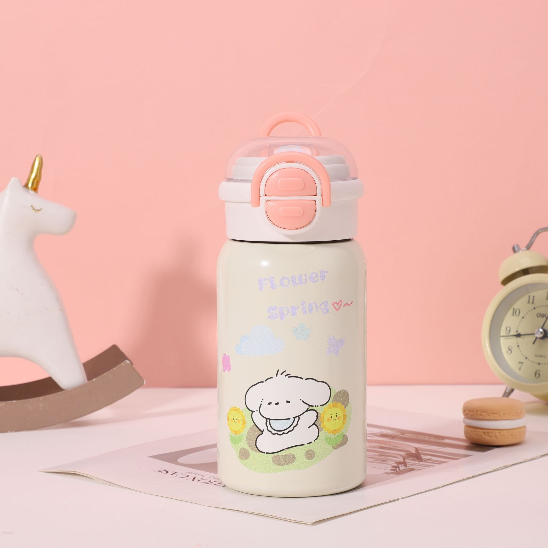 Copo térmico infantil com canudo, estampa de desenho animado fofo, feito em aço inoxidável 316 de alta qualidade, portátil e com isolamento térmico._voghion.com