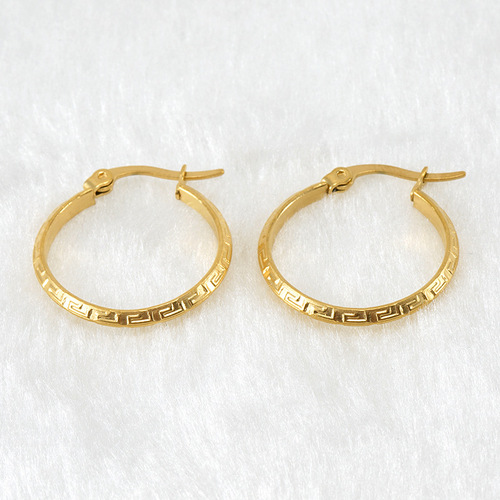 Cross-border Titanium Steel Round Earrings for Women, Simple European & American Style, 18K Stainless Steel, Great Wall Pattern Clasp Earrings, Wholesale Price
