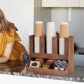 原木咖啡奶茶店杯架吧台用品纸巾吸管收纳盒一次性纸杯架分取杯器