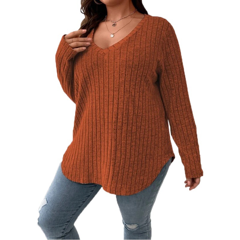Camiseta de Manga Larga con Cuello en V para Mujer, Talla Grande, Color Sólido, Nueva Colección Otoño/Invierno 2025 de Amazon, Tejido Acordonado y Cepillado, Estilo Holgado