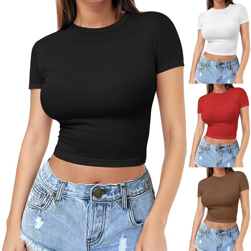 Crop Top Cross-Border European and American Style Crop Top Short-Sleeve T-Shirt for Women 2026 Summer New Plus-Size Short Spicy Girl Top