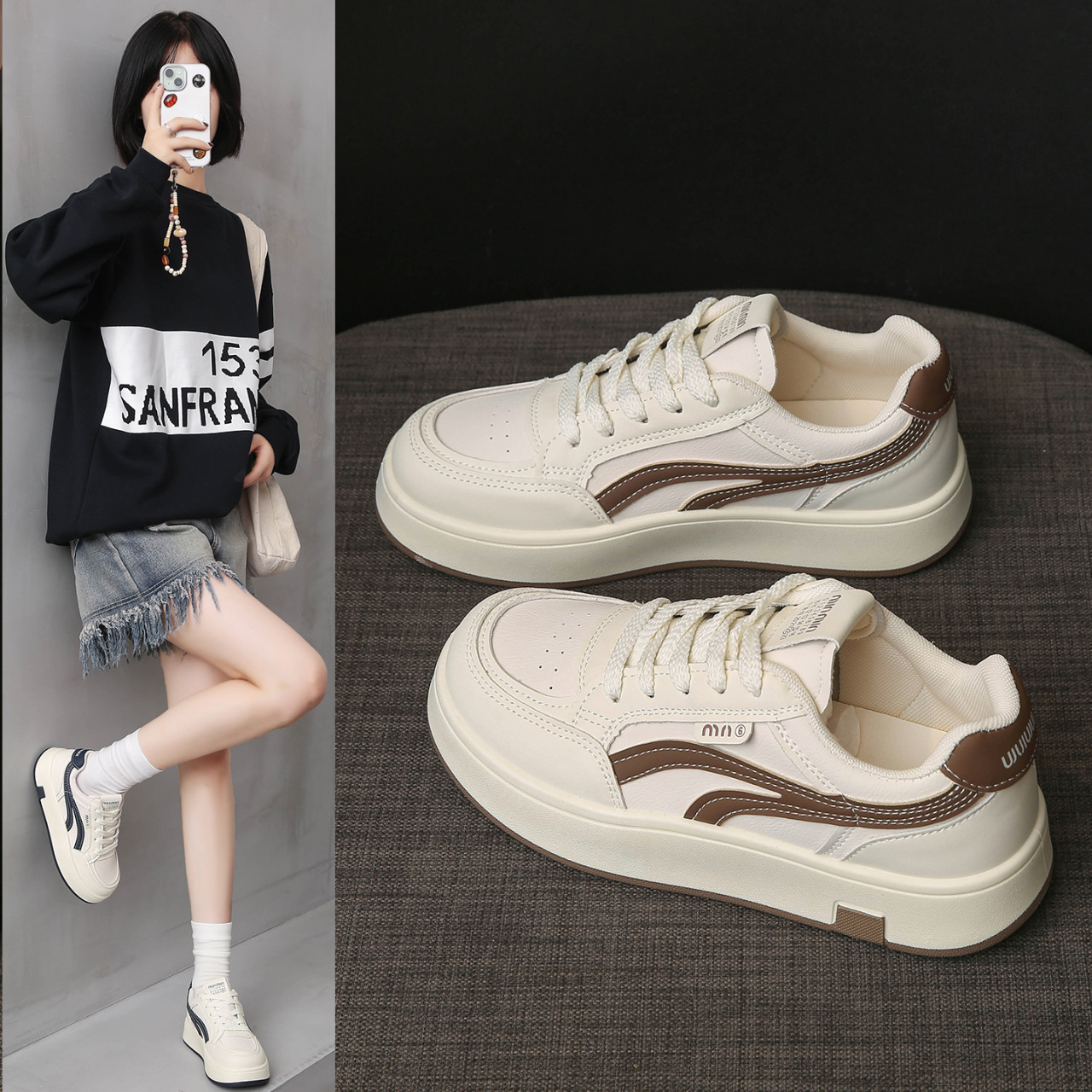 Pequeños zapatos blancos para mujeres 2025 nuevo otoño delgado transpirable de suela gruesa estudiantes deportivos con falda de altura zapatos de skate casuales