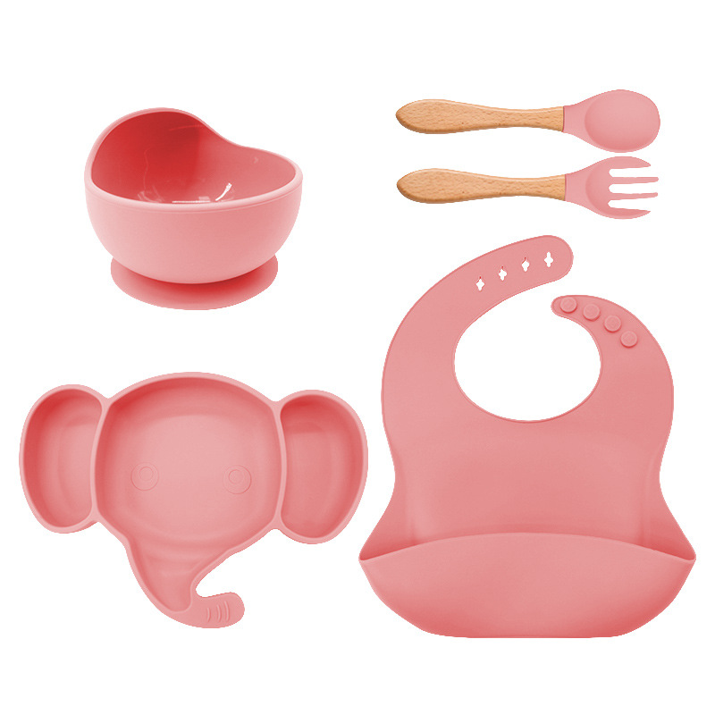 Plato de cena de silicona para niños tenedor cuchara traje de babero suministros maternos e infantiles traje de vajilla de alimentación infantil de grado alimenticio de silicona