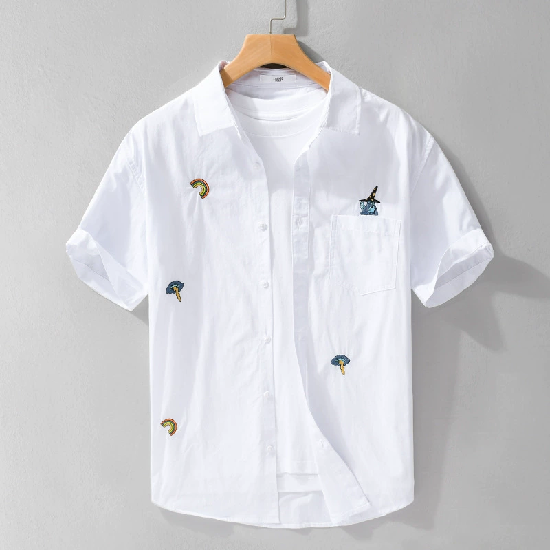 Летняя повседневная модная мужская хлопковая рубашка с вышивкой логотипа, тонкая красивая и удобная белая мужская рубашка 9737