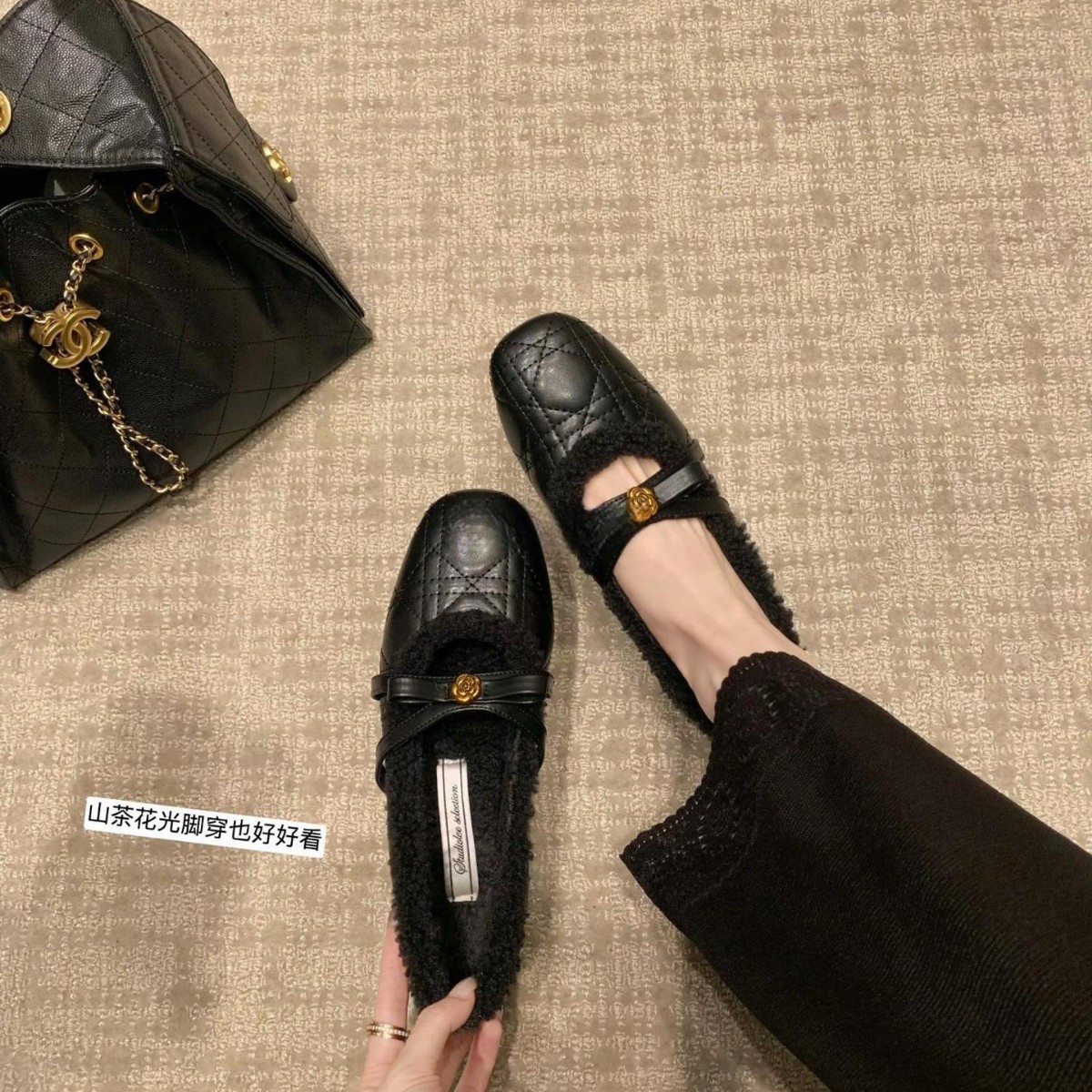 Sheepskin ~ 3cm Height-Increasing Ballet Flats for Women, Diamond-Patterned Pearl Camellia Mary Jane Shoes