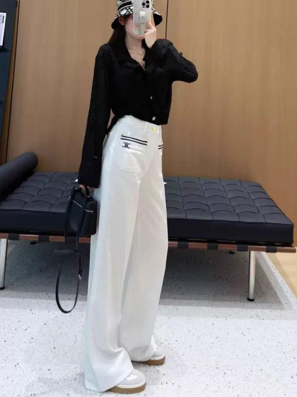 南油凯旋门刺绣双口袋白色牛仔裤女春秋新款设计感显瘦高腰阔腿裤|undefined