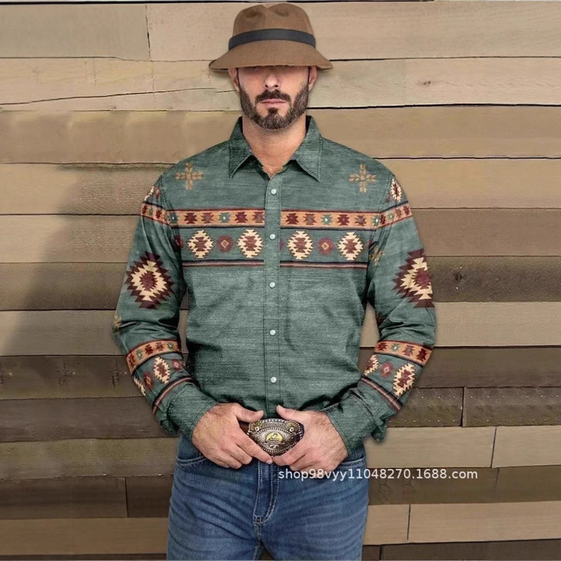 Cross-Border New Men's Fashion Long-Sleeved Shirt American Western Mexican Style Loose Lapel Button Shirt Temu