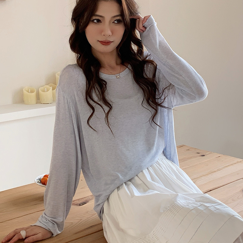 Sen Island Tencel Modal Silk Base Shirt for Women, Spring/Summer Solid Color Loose Minimalist Cover-Up, Merino Wool Long Sleeve T-Shirt