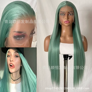 外贸假发女 蕾丝手勾薄荷绿色长直发自然蓬松彩色COS头套工厂现货