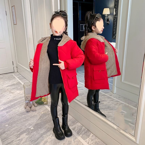 Girls 'winter clothes New style velvet cotton coat, down cotton coat, mid-long coat, winter western-style children's cotton clothes