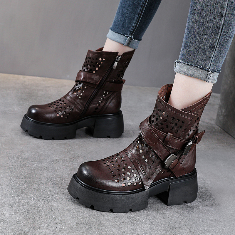 Boot Martin nữ da bò đế dày gót thô họa tiết hoa văn rỗng thoáng khí — Màu nâu