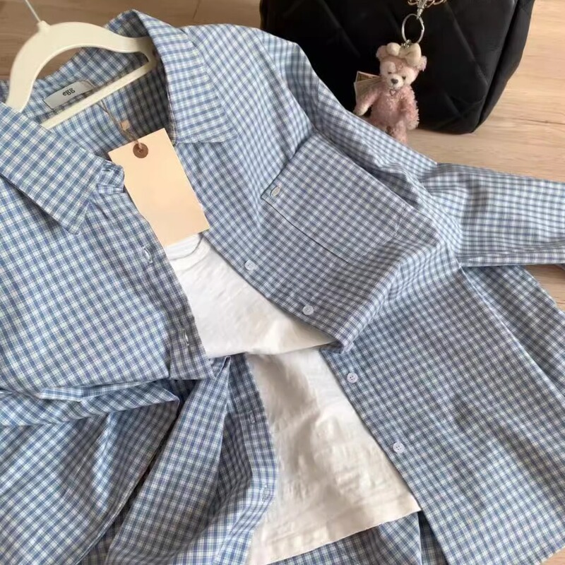 フレンチレトロブルーチェック柄ストライプポロ襟薄い日焼け止めシャツ女性のための春と夏のルーズカジュアルジャケットシャツ|undefined