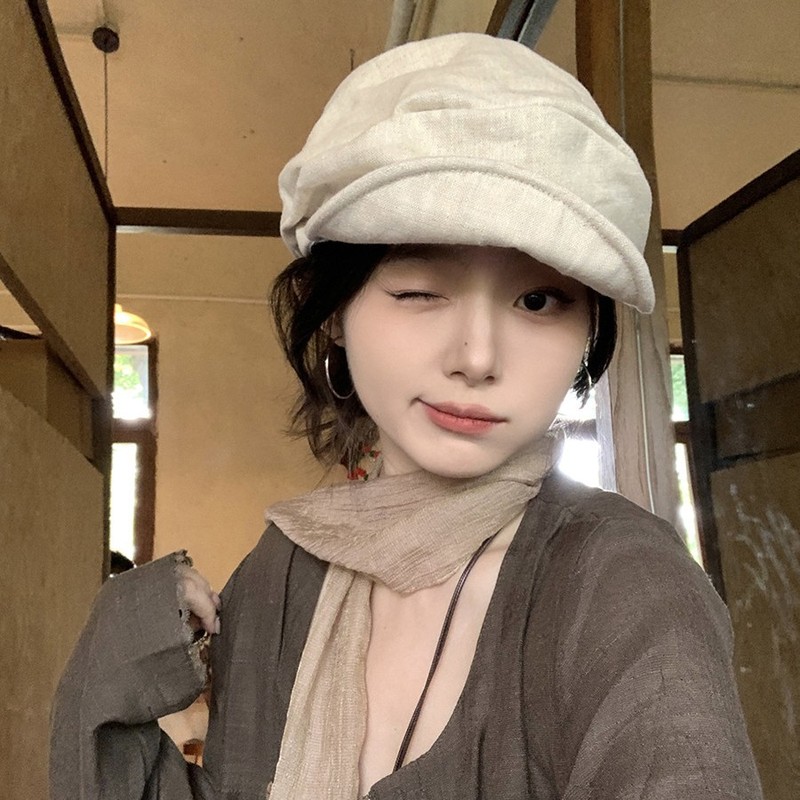 日系复古亚麻褶皱贝雷帽女显脸小新款大头围画家帽子女时尚报童帽|undefined
