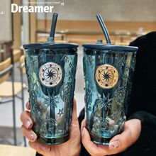 时尚精美星座玻璃杯耐高温墨蓝色家用水杯高级吸管杯礼品水杯批发