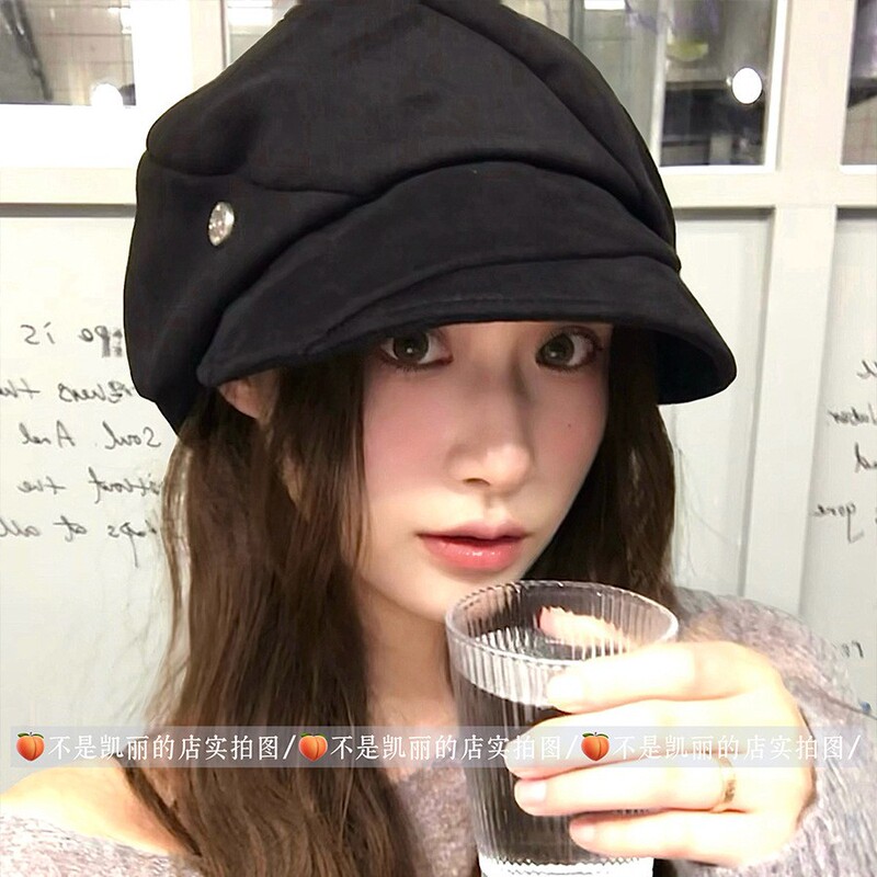 圆脸适合的素颜遮脸八角帽子女秋冬麂皮绒大头围显脸小贝雷报童帽|undefined