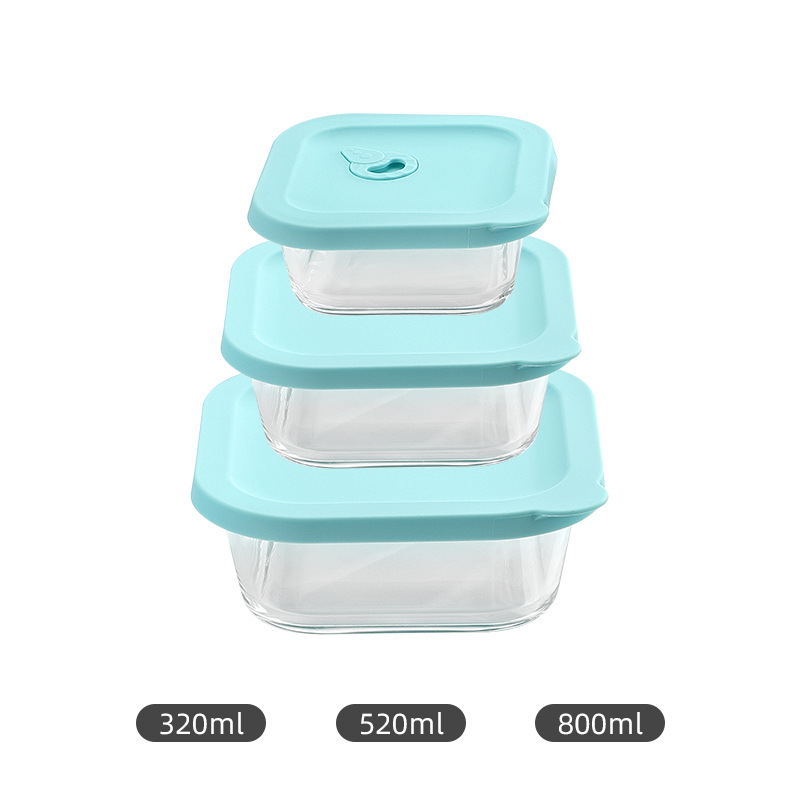 Caja de almuerzo de vidrio de borosilicato cuadrado trabajo horno microondas caja de almuerzo resistente a altas temperaturas refrigerador tapa de silicona de vidrio