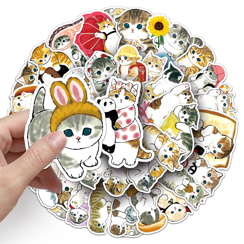 50枚の手描きの子猫の漫画の動物のかわいいカードの素材の防水の装飾の水杯の携帯電話の携帯電話の帳簿のステッカー|undefined
