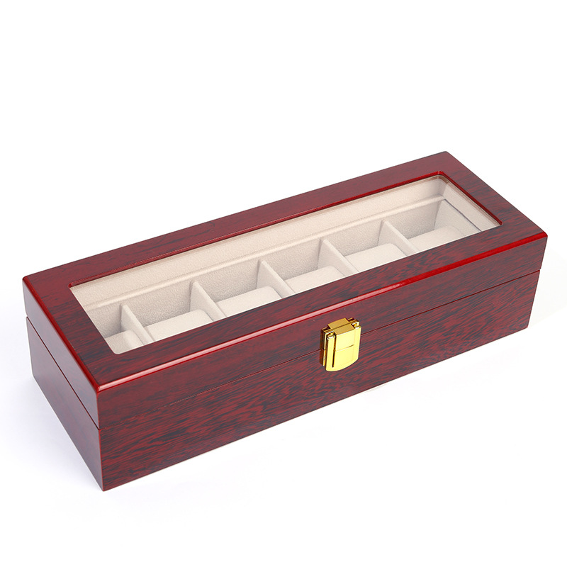 Caja de reloj pintada de 6 bits Flip rojo pintura brillante reloj caja de almacenamiento caja de reloj de madera artesanal