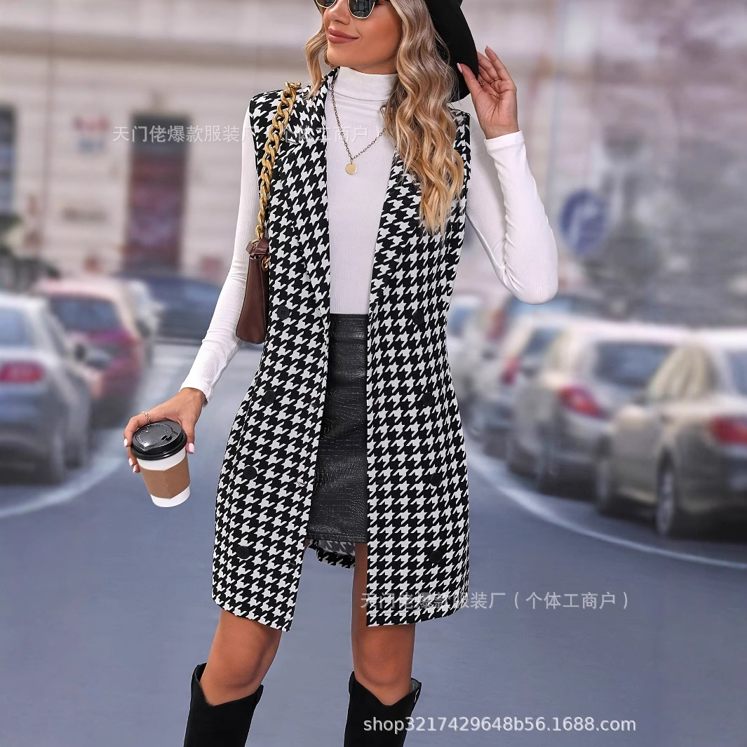 European and American 2025 Spring and Summer New Women's Fashion Casual Versatile Houndstooth Long Vest Retro Classic