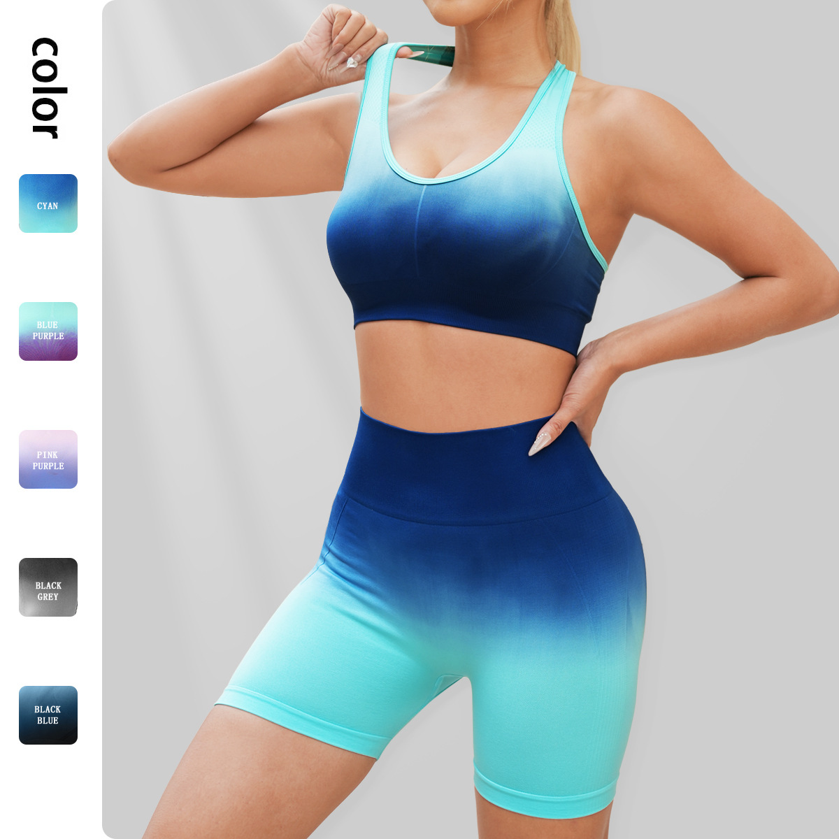 Traje de ropa de yoga degradado europeo y americano, pantalones de yoga de fitness de levantamiento de cadera de moda femenina, sujetador deportivo de espalda en forma de trabajo, ropa de secado rápido