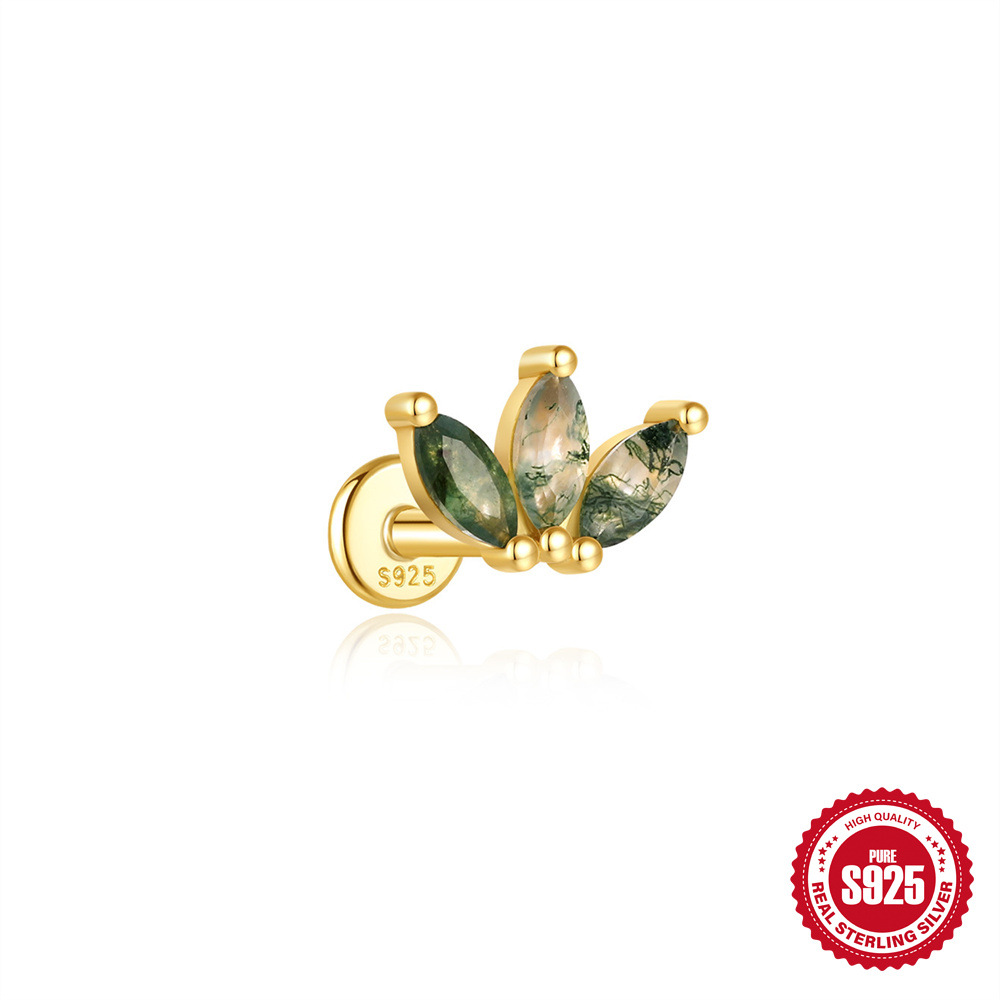 El nuevo s925 simple y moderno hierba de agua natural, uñas de hueso de oreja de ágata, personalidad de lujo ligera europea y americana, pendientes de piedra de musgo verde con incrustaciones