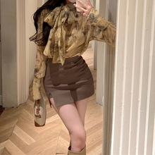 系带蝴蝶结水墨长袖衬衫法式气质高级感衬衣不规则上衣短裙两件套