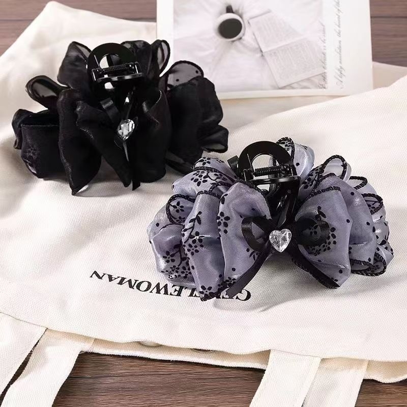 Bowknot Organza Flower Bud Large Grab Clip Cloud Mesh Light Luxury Back Head Shark Hairpin Female Elegant Hair Accessories