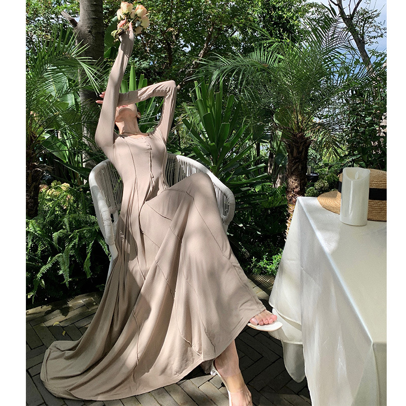 2024 Casual Interior and Exterior Texted Knitted Elegant Long Dress Large Swing dress Slim-fit Slimming Ankle-length Dress 2024 Casual Interior and Exterior Texted Knitted Elegant Long Dress Large Swing dress Slim-fit Slimming Ankle-length Dress