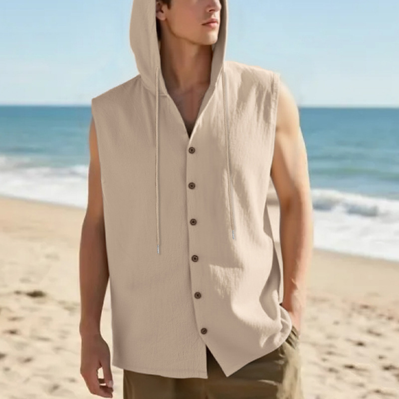 Nuevo transfronterizo Amazon nuevo estilo americano de verano hombre relajado casual lino sólido con capuchón camisa sin mangas
