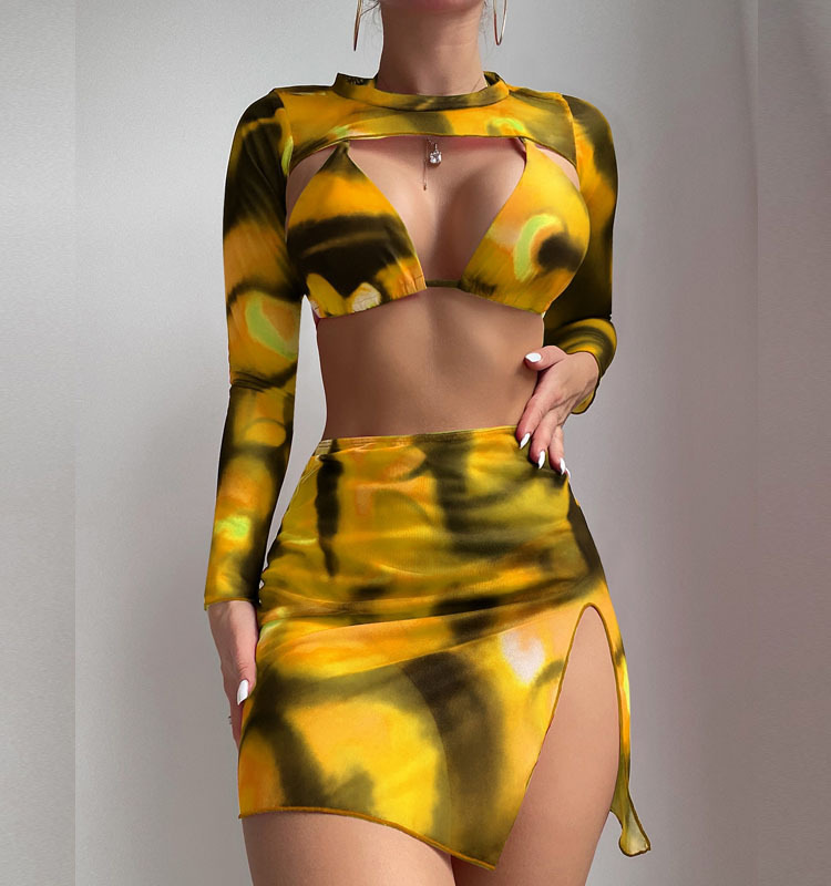 Sukňa so sieťovinou s potlačou, trojdielne plavky do bikín Nové plavky s dlhým rukávom na ochranu pred slnkom_voghion.com