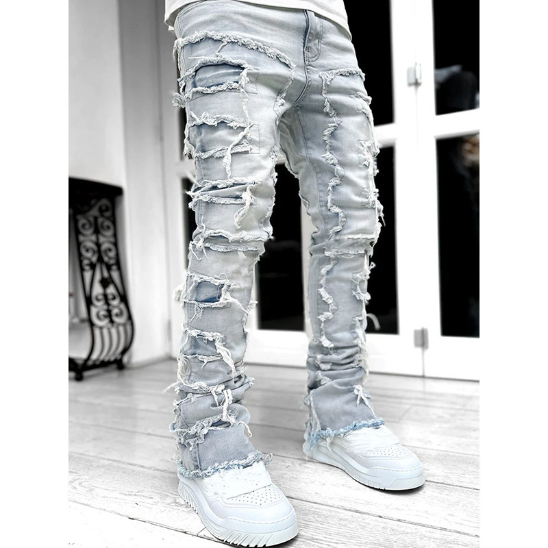 Fashion Jeans Men's Cross-Border Aliexpress Amazon Foreign Trade New Elastic Patch Layered Straight Long Pants