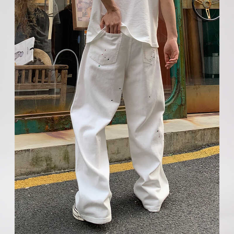 Jean blanc Splash Ink pour homme, marque américaine haut de gamme délavée, pantalon décontracté ample à jambe droite, tendance_voghion.com