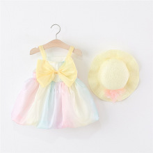 厂家直供女童时尚连衣裙彩虹网纱裙大蝴蝶结优质面料阿里巴巴爆款