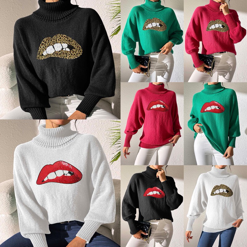 Women's Base Shirt Cross-border European and American Women's Autumn and Winter Sequin Embroidered Cartoon Lip Stitching Turtleneck Sweater