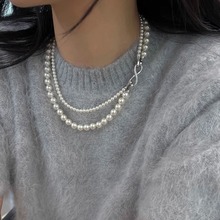 施家珍珠双层叠带可拆卸8字扣一款多戴毛衣链麻灰色玻璃珍珠项链