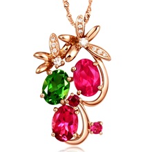 气质仿天然石红色绿色碧玺吊坠 镀18K金花朵项坠彩色宝石项坠项链