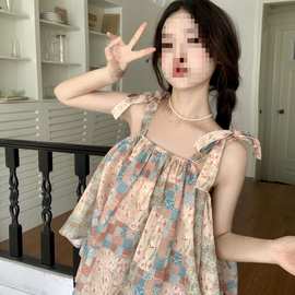 甜辣减龄洋气吊带/中袖两穿法式衬衫夏季宽松短款显瘦一字肩上衣