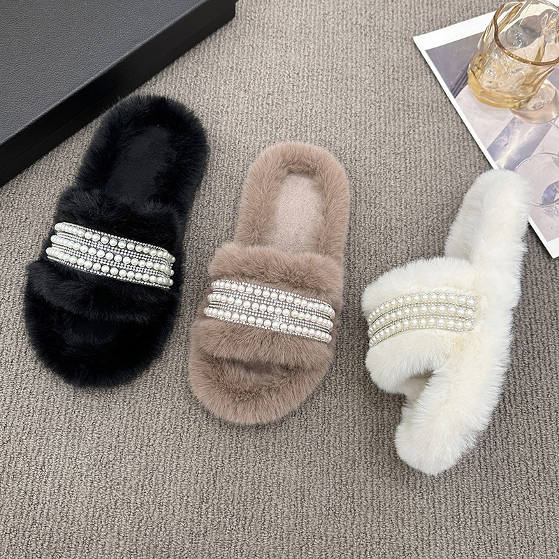 Aumentar la altura de la red de zapatillas de cabello rojo de invierno para mujeres en el hogar zapatillas de perlas antideslizantes primavera y verano