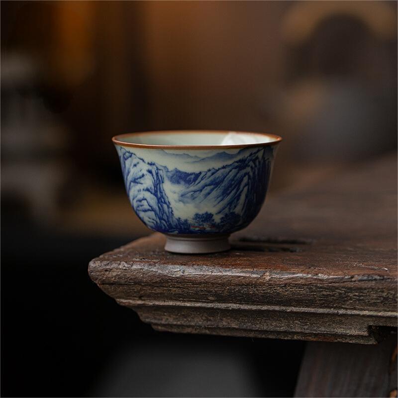 Master's Hand-Made Gold-Painted Blue and White Ru Kiln Kung Fu Tea Set, Tea Cup, High-End Personal Master Cup Tea Cup