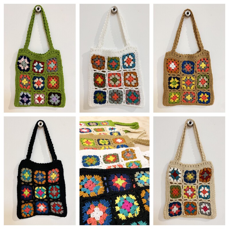 Women's Bags, Granny Square Pattern, Purely Hand-Crocheted, Random Color Combination, Color-Blocking Patchwork, Handbag, Shoulder Bag, Checkered Bag Women's Bags, Granny Square Pattern, Purely Hand-Crocheted, Random Color Combination, Color-Blocking Patchwork, Handbag, Shoulder Bag, Checkered Bag